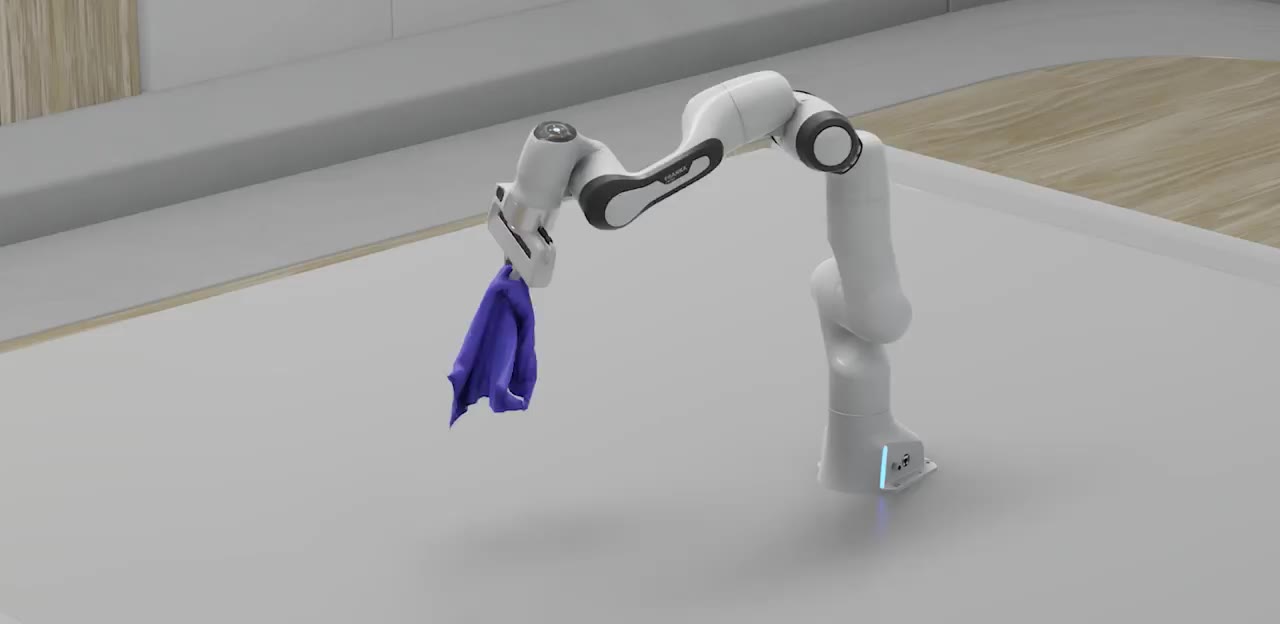 A robot arm in Isaac Sim lifting a piece of purple cloth