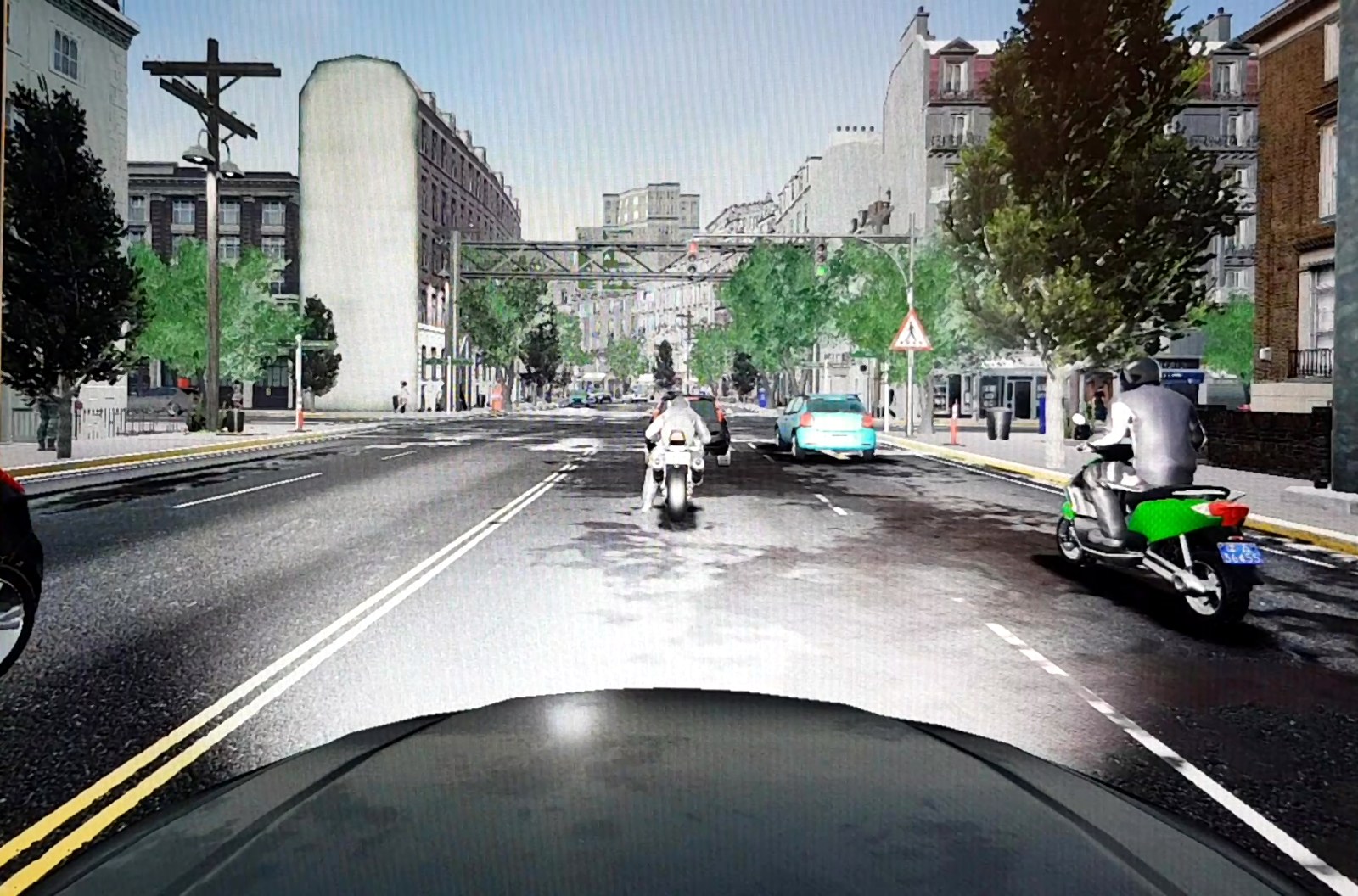 A procedurally generated city street in Unreal Engine, with traffic, pedestrians and vegetation